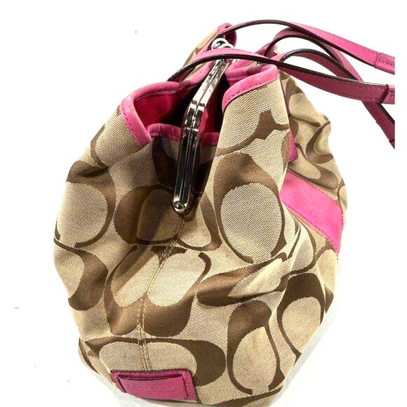 Coach Khaki and Pink Signature Jacquard Kiss-lock 3 Way Entry Shoulder Bag Purse - Picture 7 of 9